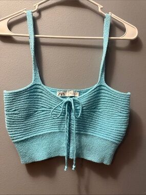 Aqua Ribbed Lace-Up Cropped Tank
